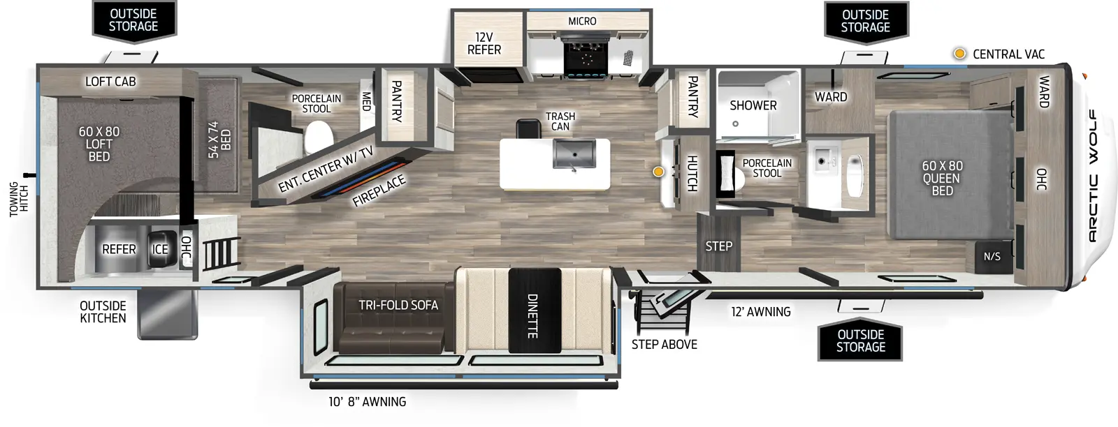 The 331BH has two slideouts and one entry. Exterior features 10 foot 8 inch and 12 foot awnings, outside storage, step above entry steps, outside kitchen with refrigerator and ice maker, and rear towing hitch. Interior layout front to back: foot-facing queen bed with overhead cabinet, wardrobes on each side, and off-door side wardrobe; off-door side full bathroom with medicine cabinet, porcelain stool, and shower caddy; door side steps down to main living area and entry; hutch with cabinet and pull-out countertop extension along inner wall; off-door side slideout with kitchen counter, cooktop, overhead cabinet, microwave, and 12 volt refrigerator; kitchen island with sink and trash can; door side slideout with dinette and tri-fold sofa; pantry, entertainment center and fireplace along angled inner wall; rear bunk room with half-bathroom with medicine cabinet and porcelain stool, and lower bunk and loft bunk with overhead cabinet.